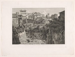 Kilátás a Tivolira, a távolban a Vesta templommal Situazione del Tempio di Vesta a Tivoli dirimpetto la Cascata (cím az objektumon) Maláj Radirte Prospekte aus Italien (sorozat címe)