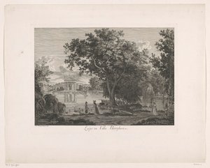 Kilátás a tóra a Villa Borghese épületében Lago a Villa Borghese-nél (cím a tárgyon) Maláj Radirte Prospekte aus Italien (sorozat címe)