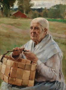 Idős asszony forgácskosárral alkotó: Albert Edelfelt