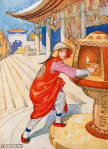 Aladdin felmászik a lépcsőn, és kiveszi a fülkéből a meggyújtott lámpát (színes lithó). alkotó: Albert Edward Jackson