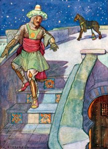 A herceg a teraszon hagyta az elvarázsolt lovat (színes litográfia)
