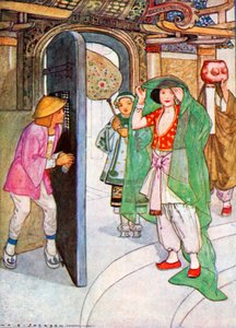 A hercegnő felemelte a fátylat, és így Aladdin láthatta az arcát (színes lithó).
