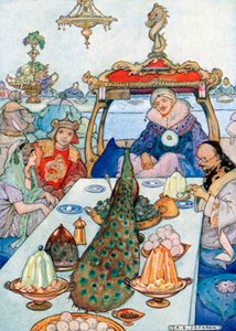 A szultán az első asztalnál ült, és a lányával együtt evett. Aladdin és a nagyvezír ... (színes litográfia)