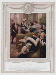 Belle Epoque Paris, Divatos hölgy teázik (színes litho) alkotó: Albert Guillaume