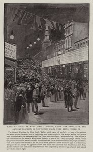 Éjszakai jelenet a sydney-i King Streeten, miközben az új-dél-walesi általános választások eredményeit kifüggesztették. alkotó: Albert Henry Fullwood