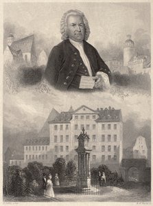 Johann Sebastian Bach portréja, Bach-emlékmű és lipcsei Szent Tamás-templom és iskola, c. 1860