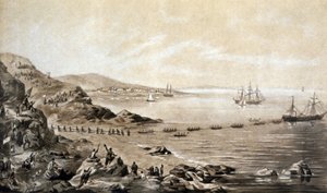 az első transzatlanti távirati kábel telepítése Írország és Kanada között (1857), Albert Kruger metszet 1870 körül alkotó: Albert Kruger