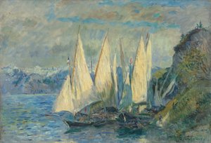 Hajók nagy vitorlákkal a Genfi-tavon Haute-Savoie-ban, Meilerie-nél