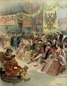 Bal 1. Francois (1494-1547) francia király udvarában V. Károly (1500-1558) spanyol király és a Német Római Birodalom germán császára jelenlétében Fontainebleau kastélyában 1539-ben. Ábra alkotó: Albert Robida