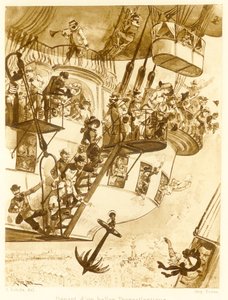 Egy transzatlanti léggömb indulása a Le Vingtieme Siecle kocsmából. 1883-as litográfia, 1883. alkotó: Albert Robida