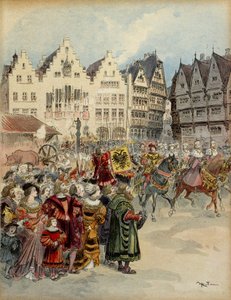 V. Károly (1500-1558) megválasztása Németország császárává 1519. június 28-án. A hét választókortézs Frankfurt (Németország) utcáin fut végig. Ábra alkotó: Albert Robida