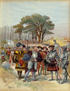 Ötödik olasz háború (1515-1516): a Bicocca-tól (bicoque) visszavonult táborban Milánó (Olaszország) előtt 1516-ban a svájciak fizetést, konge-ot vagy csatát követeltek, Odet de Foix, de Lautrec vikomt, Franciaország marechal (1485-1528) nem tudta fizetni ő alkotó: Albert Robida