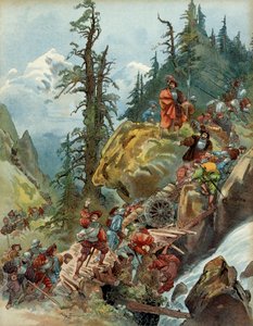 Ötödik olasz háború (1515-1516): I. Francois (1494-1547) serege Olaszországba tartó seregének átkelése az Alpokban 1515 augusztusában a Larche-hágó mellett. Ábra alkotó: Albert Robida