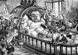Nagyszerű és felbecsülhetetlen értékű krónikák a nagy és hatalmas óriás Gargantua névtelen munkáról, aki 1532-ben ihlette Francois Rabelais-t a "Pantagruel"-hez, Albert Robida metszet: itt Gargantua csecsemőként alkotó: Albert Robida