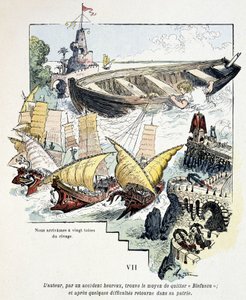 Gulliver és gigantikus hajója a liliputiak kikötőjében – Jonathan Swift (1721) „Voyages de Gulliver” című művében, ill. írta Robida alkotó: Albert Robida