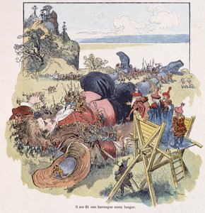 Gullivert megkötözték a liliputiak – Swift „Gulliver Voyages” című művében, ill. írta Robida alkotó: Albert Robida