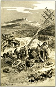 Albert Robida (1848-1926) illusztrációja Leon Berthault „Le record du tour du monde” című könyvéhez, Mame kiadás, 20. század eleje (1911) - közlekedési baleset 1900 körül: egy autó nekiütközött egy távíróvezeték oszlopának. A kirepülő utasok megsérültek - alkotó: Albert Robida