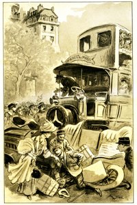 Albert Robida (1848-1926) illusztrációja Leon Berthault „Le record du tour du monde” című könyvéhez, Mame debütált 20. század (1911) – közlekedési baleset Párizsban 1900 körül: autót elütött egy omnibusz. A sofőr megsérült - alkotó: Albert Robida