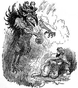 Albert Robida (1848-1926) illusztrációja egy arab legendáról (1001 éjszaka) (Tales of the Thousand and One Night): egy szörnyű démon (gonosz dzsinn) egy üveg borral ajándékoz meg egy férfit. a „Choix de előadások” című könyv metszete Armand Colin 1926. alkotó: Albert Robida