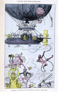 Incidens az expedíció Északi-sarkra indulásakor (aerosztát és szokatlan jelenetek), Jules Verne paródiája, „” Saturnin Farandoul rendkívüli utazásai a világ 5 vagy 6 pontján, és minden olyan országban, amelyet Mr. ismert vagy ismeretlen. Verne Gyula" alkotó: Albert Robida
