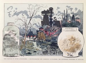 Ipari szennyezés, illusztráció a „Le XXe siecle, La Vie Electrique” c. 1890 (színes metszet) alkotó: Albert Robida