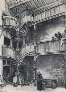 Morlaix-i ház belseje - Ó-Franciaország - Bretagne - szöveg, rajzok és litográfiák, Albert Robida (1848-1926) datálatlan 19. század vége alkotó: Albert Robida