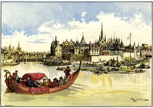 III. Henrik király egy csónakban a Szajna feletti Pont Neuf első kövének elhelyezése Párizsban, május 31. alkotó: Albert Robida