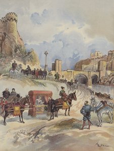Marguerite de France, aki meglátogatja testvérét, a Pont de Tolede-ban fogadja Charles-Quint alkotó: Albert Robida