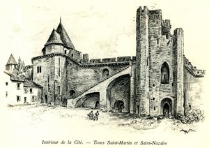 Középkori Cite de Carcassonne (Aude, Languedoc, Pays Cathare) - Tours Saint Martin (Saint Martin) és Saint Nazaire (Saint Nazaire) a sáncokra épült házakkal - Albert Robida (1848-1926) romantikus metszete a kezdőben alkotó: Albert Robida