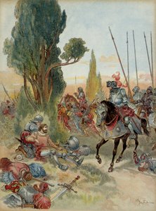 Hatodik olasz háború (1521-1526): Pierre Terrail de Bayard (1476-1524) halála, aki egy arquebus-csapás következtében megsebesült Rebecnél (Olaszország), 1524-ben Charles de Montpensier, Bourbonból (1490-1527) állt vele szemben. . Ábra alkotó: Albert Robida