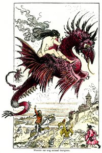 Succubus: női démon (nő - nő) sárkányon lovagolva - Albert Robida illusztrációja Honore de Balzac Drolatic Tales című könyvéhez - XX. század eleje alkotó: Albert Robida