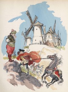 Az egyiptomi határt átlépő Münchausen bárót viharba keveredik, amit egy nagy alak provokált ki, hogy beindítsa a 7 malmot. „” Illusztráció: Albert Robida – „” Münchausen báró története és kalandjai”” (Munchhausen), H. Laurens szerk., késő alkotó: Albert Robida