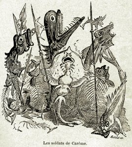The army of Quaresmeprenant. Soldiers are represented as fish, some of which have only the aretes, by reference to Careme