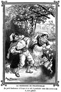 Polichinelle születése. Albert Robida (1848-1926) rajza egy gyermekolvasókönyvben 1920-1930. alkotó: Albert Robida