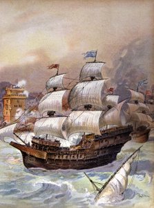 Jean Ango flottája elzárja a Tejo folyót, és fenyegeti Lisszabont, 1909 körül (illusztráció) alkotó: Albert Robida