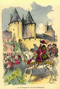 The king of France Francois 1st arriving on horseback in front of the Cite de Carcassonne, Porte Narbonnaise. Illustration by Albert Robida (1848-1926): frontispiece of the book “Le tresor de Carcassonne”” first edition H. Laurens 1921. alkotó: Albert Robida