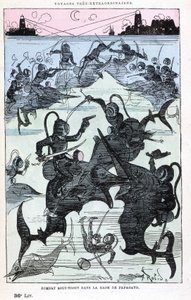 Víz alatti harc a Papagayo-öbölben (scaphandlers lovagló hal), Jules Verne paródiája, "" Saturnin Farandoul rendkívüli utazásai a világ 5 vagy 6 részén és minden országban, amelyet Jules Verne úr ismer vagy nem ismer" Robida, Párizs alkotó: Albert Robida