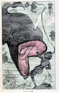 Egy bálna elnyelte nőt egy sápadróban, Jules Verne paródiája, "" Saturnin Farandoul rendkívüli utazásai a világ 5 vagy 6 pontján és az összes M. Jules Verne által ismert vagy ismeretlen országban" Robida, Párizs alkotó: Albert Robida