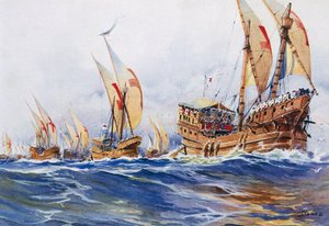IX. Lajos király francia hajói a nyolcadik keresztes hadjárat során 1268-ban, Albert Sebille (1874-1953) akvarellje.