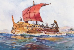 Világítóhajó a klasszikus görög korszakból, Albert Sebille (1874-1953) akvarellje.