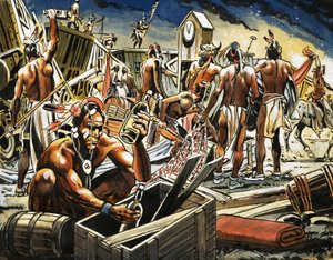 Cheyenne indiánok fosztogatnak egy vonatnyi árut... alkotó: Alberto Giolitti