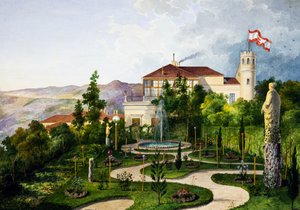 Külső kerttel, a Villa Lazzarovic trieszti Habsburg Maximilian (1832-1867) rezidenciájától délnyugatra alkotó: Alberto Prosdocini or Prosdocimi