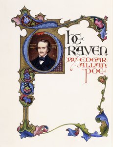 Megvilágított címlap Edgar Allan Poe „A holló” című könyvéből, amely a művész portréját és egy történelmi „T” kezdőbetűjét mutatja. alkotó: Alberto Sangorski