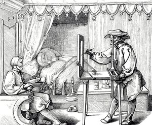 Fametszet, amely egy művészt ábrázol rajzi segédeszköz segítségével, hogy a portré arányait helyesbítse. Albrecht Dürer (1471-1528) német festő, nyomdász és a reneszánsz teoretikus metszete