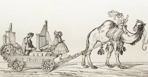 Paul Hoffaner orgonista játszik egy teve által vontatott kocsiban, 1880 körül (metszet)