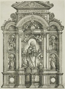 Oltárkép a regensburgi Szűzanyával, valamint a fülkékben álló Szent Kristóf, Mária Magdolna, Flórián és Katalin, fölötte az Atyaisten. alkotó: Albrecht Altdorfer
