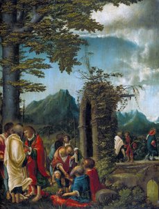 Német: Der Abschied der Apostel in waldiger Landschaft Az apostolok közössége / Apostolok egy erdős tájon alkotó: Albrecht Altdorfer