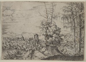 Táj két fenyővel alkotó: Albrecht Altdorfer