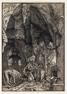 Szent Jeromos egy barlangban alkotó: Albrecht Altdorfer