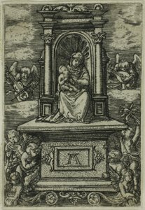 "A regensburgi gyönyörű Szűzanya" a trónon ülő Gyermekkel, körülötte hangszeres angyalok. alkotó: Albrecht Altdorfer